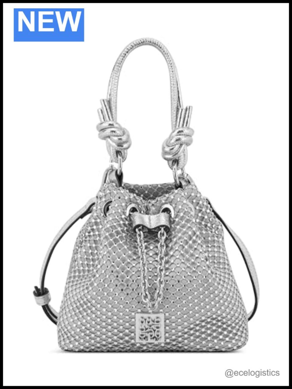 Faux Leather Drawstring Bucket Bag Evening Clutch Rhinestone